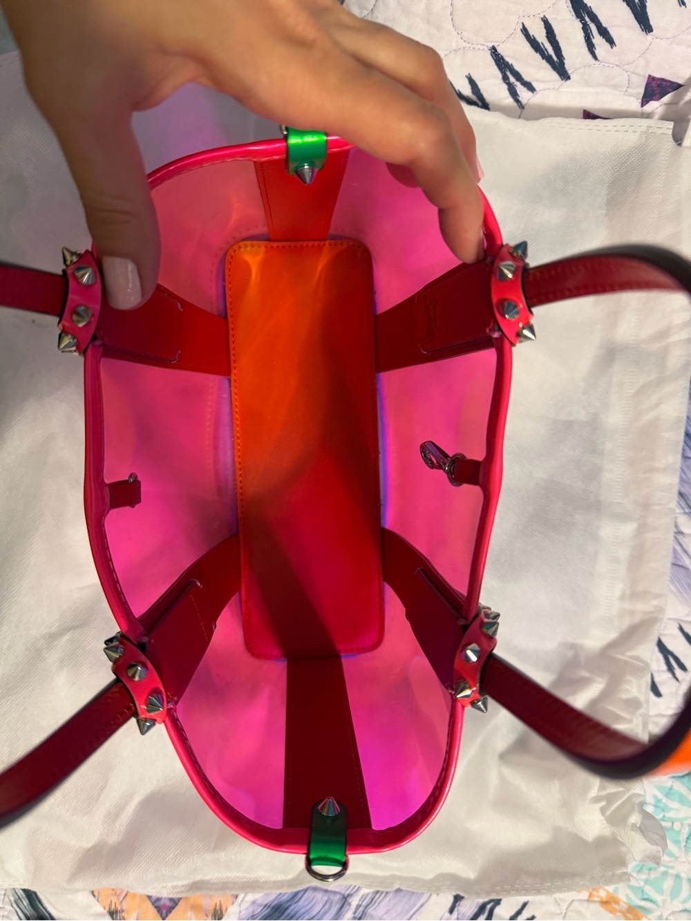 Christian Louboutin Iridescent Pink and Orange Tote with Studded Trim - Picture 8 of 14